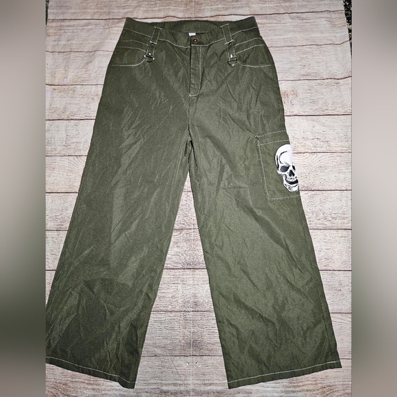 Romwe Fairycore Skull Print Green Wide Leg Cargo Pants - Picture 4 of 10